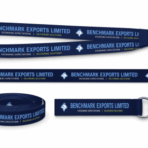 Custom navy blue ribbon lanyard with Benchmark Exports Limited branding and metal hook clip.