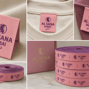 Premium pink woven hijab and scarf custom brand label with AL SANA Dubai logo for garment branding
